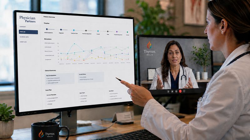 Thymos autoimmune specialist discussing a patient case over video consult with a referring physician
